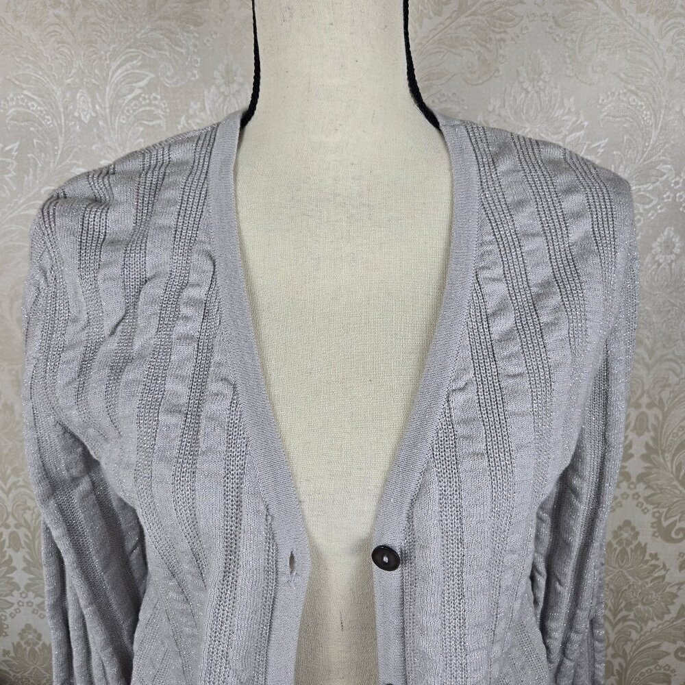 Ruby Rd Size Medium Silver Metallic Ribed Cardigan Button Front Knit Sweater - Picture 2 of 11